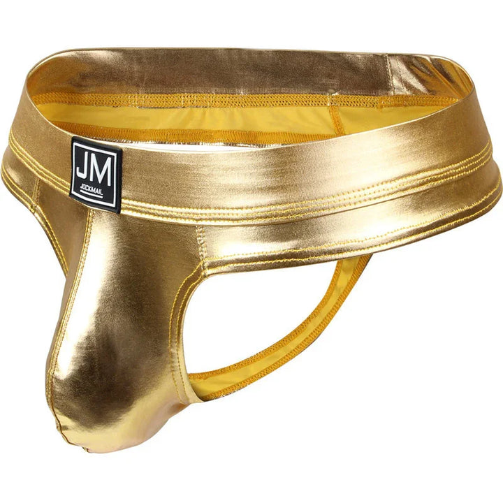 Gold metallic men's jockstrap underwear with JM Jockmail logo patch