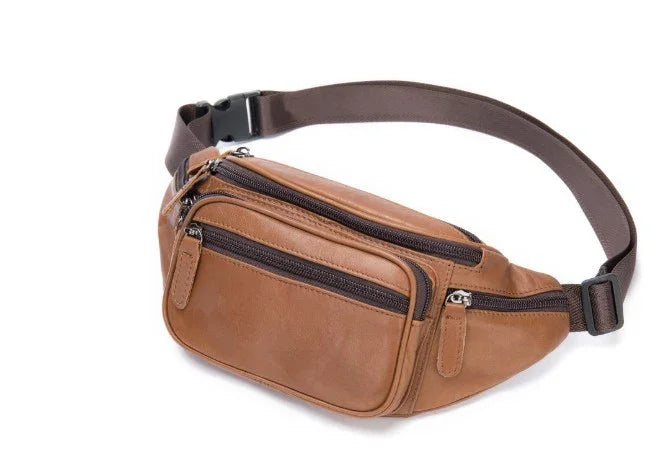 Brown leather waist bag with multiple zippered compartments and adjustable dark strap