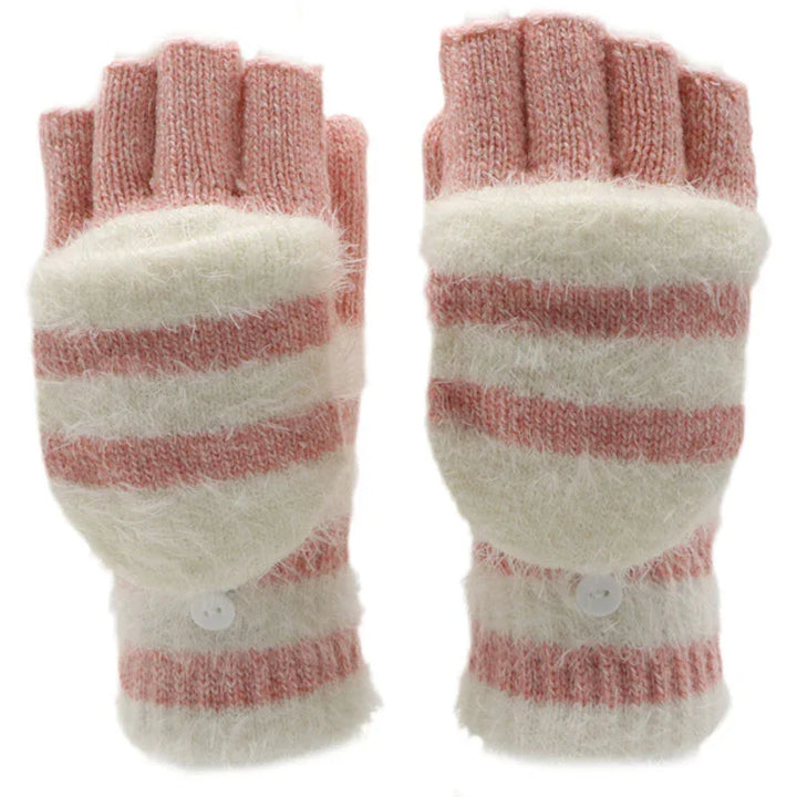 Pink and white striped convertible fingerless gloves with mitten flap and button closure