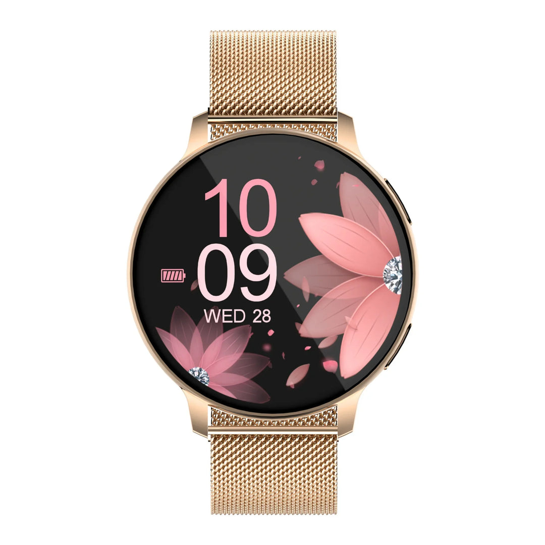 Rose gold mesh band smartwatch with black screen displaying pink floral design and digital time