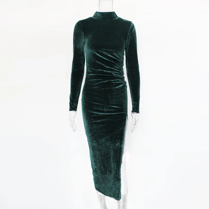 Dark green velvet long-sleeve bodycon midi dress on transparent mannequin