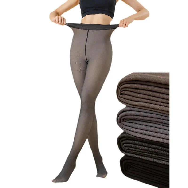 Woman wearing high-waist brown sheer tights with folded tights in brown, gray, dark gray, and black colors