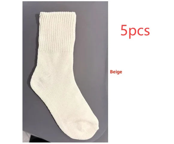 Beige ribbed crew sock displayed on gray background with text 5pcs, Beige