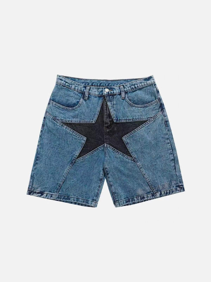Blue denim shorts with a large black star patch on the front and front pockets