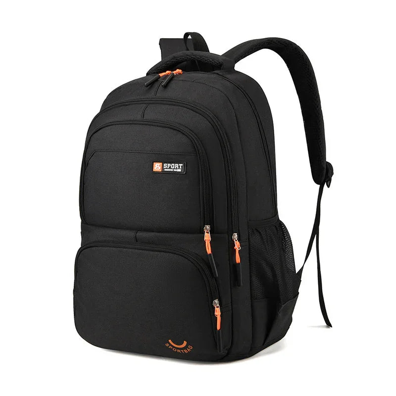 Black sport backpack with multiple zippered compartments and orange zipper pulls, mesh side pocket