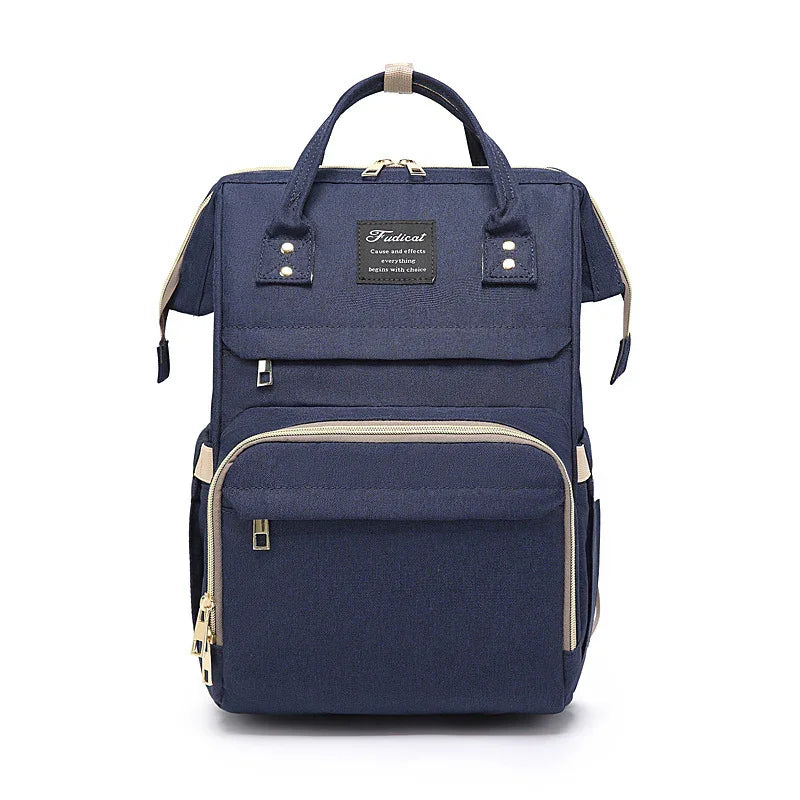 Navy blue multifunctional backpack with front zip pockets, top handles, and beige zipper accents