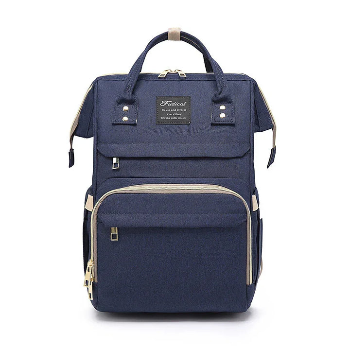 Navy blue multifunctional backpack with front zip pockets, top handles, and beige zipper accents