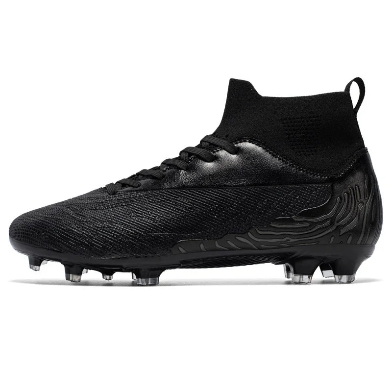 Black high-top soccer cleat with textured knit upper and molded outsole with studs