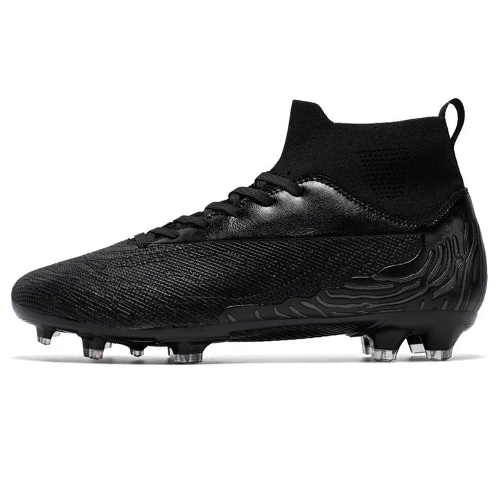Black high-top soccer cleat with textured knit upper and molded outsole with studs