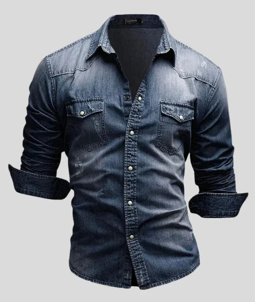 men's dark blue denim shirt with button front, chest pockets, and rolled-up sleeves