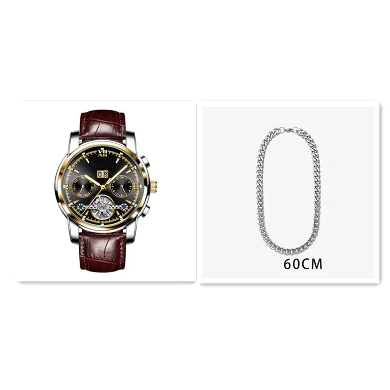 Men's luxury wristwatch with brown leather strap and gold black dial; 60cm silver chain necklace