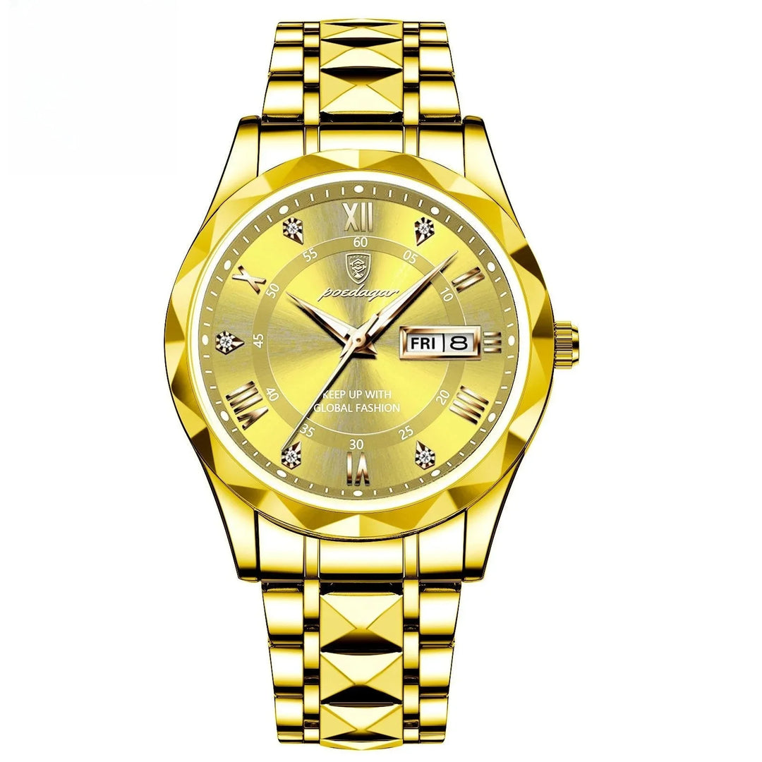 Gold wristwatch with diamond hour markers, Roman numerals, date display, and metal link bracelet