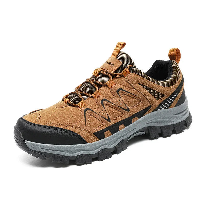 Brown and black rugged hiking shoe with sturdy sole and lace-up design