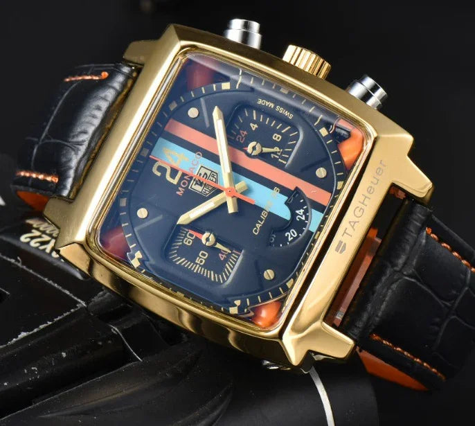 Luxury TAG Heuer Monaco Calibre 24 gold square chronograph watch with black leather strap