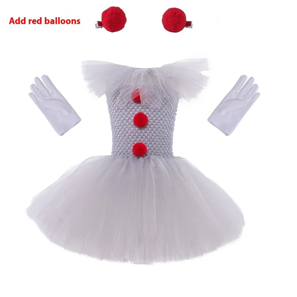 White toddler clown costume with red pom-pom buttons, tulle skirt, gloves, and hair clips