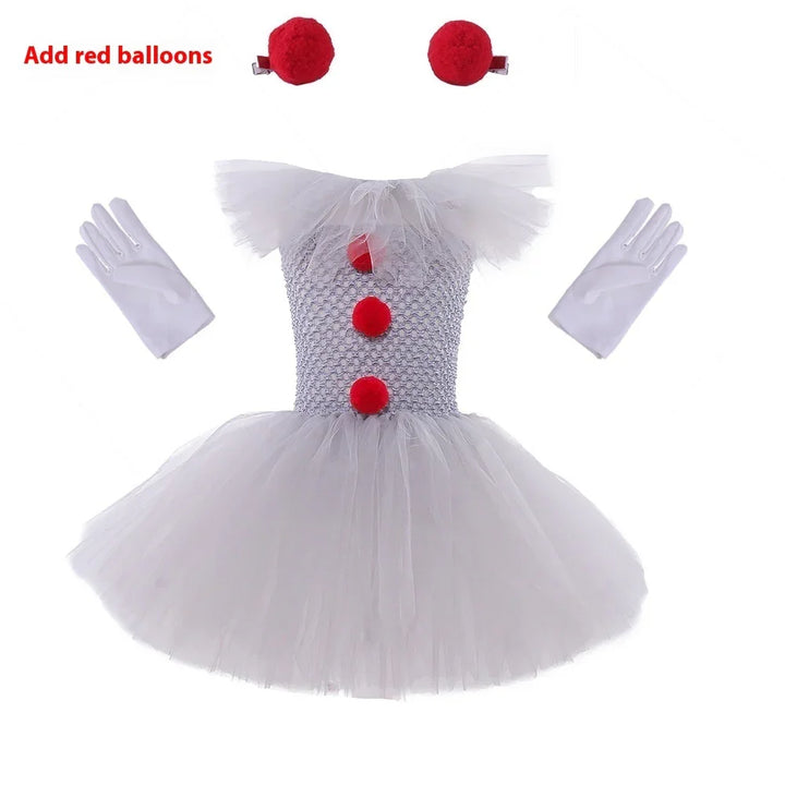 White toddler clown costume with red pom-pom buttons, tulle skirt, gloves, and hair clips