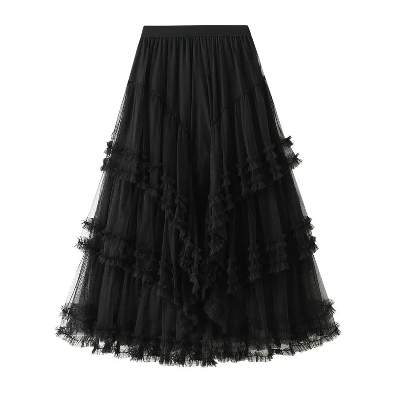 Black layered tulle midi skirt with ruffled details and fitted waistband on white background