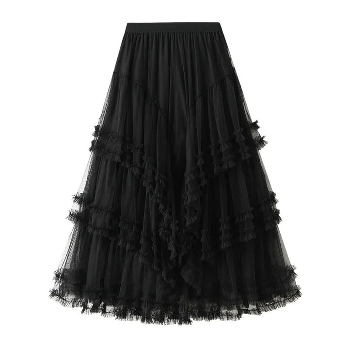 Black layered tulle midi skirt with ruffled details and fitted waistband on white background