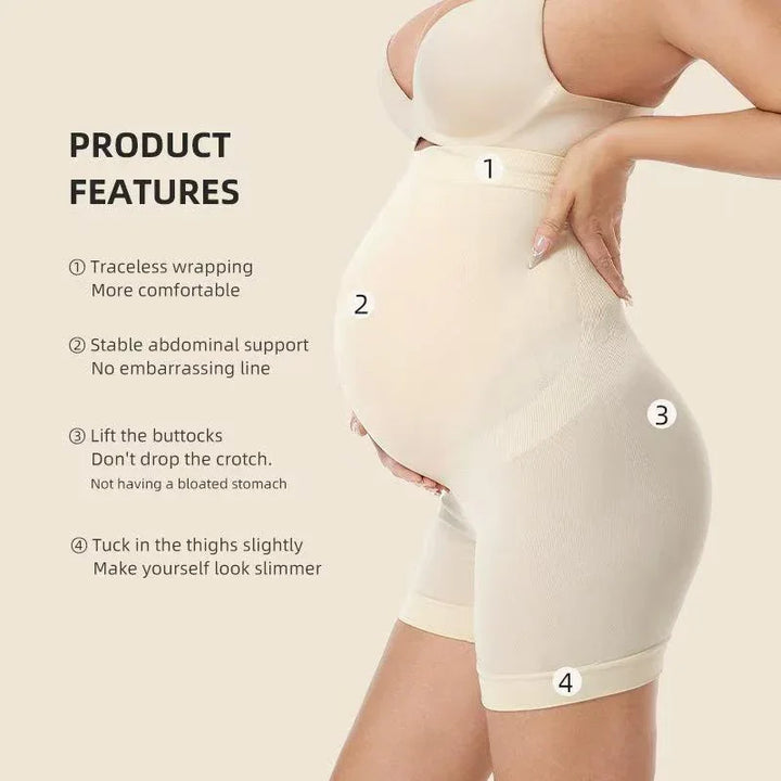 Pregnant woman wearing beige maternity shapewear shorts with abdominal support and buttocks lift