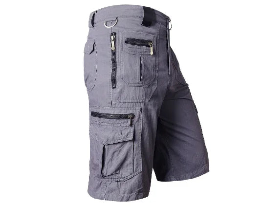 gray men's cargo shorts with multiple zippered pockets and belt loops