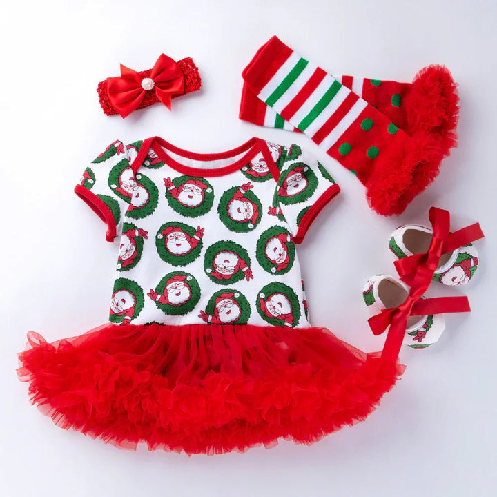 Christmas baby dress with Santa wreath print, red tulle skirt, matching red bow headband, striped socks, and shoes