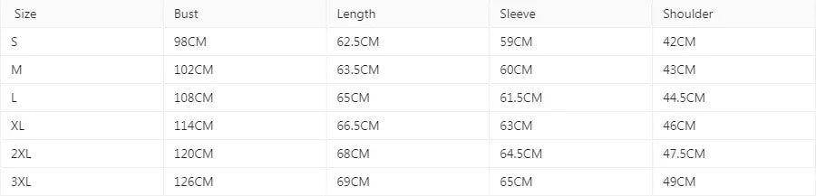 Size chart for women's jackets with bust, length, sleeve, and shoulder measurements in centimeters for sizes S to 3XL