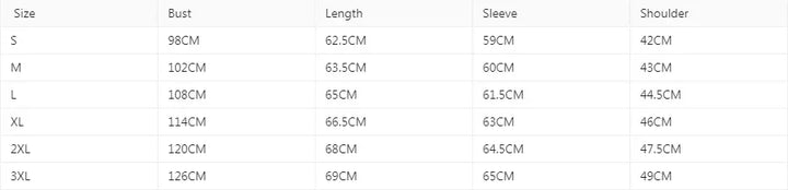 Size chart for women's jackets with bust, length, sleeve, and shoulder measurements in centimeters for sizes S to 3XL