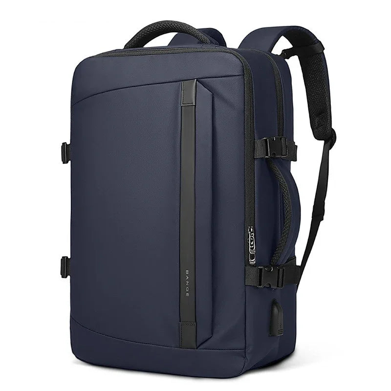 sleek navy blue backpack with black straps, side buckles, and vertical front zipper pocket