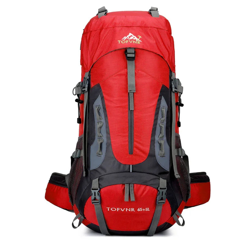 Red and black TOFVNR 65+5L hiking backpack with multiple straps and mesh side pockets