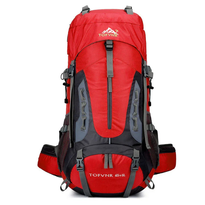Red and black TOFVNR 65+5L hiking backpack with multiple straps and mesh side pockets