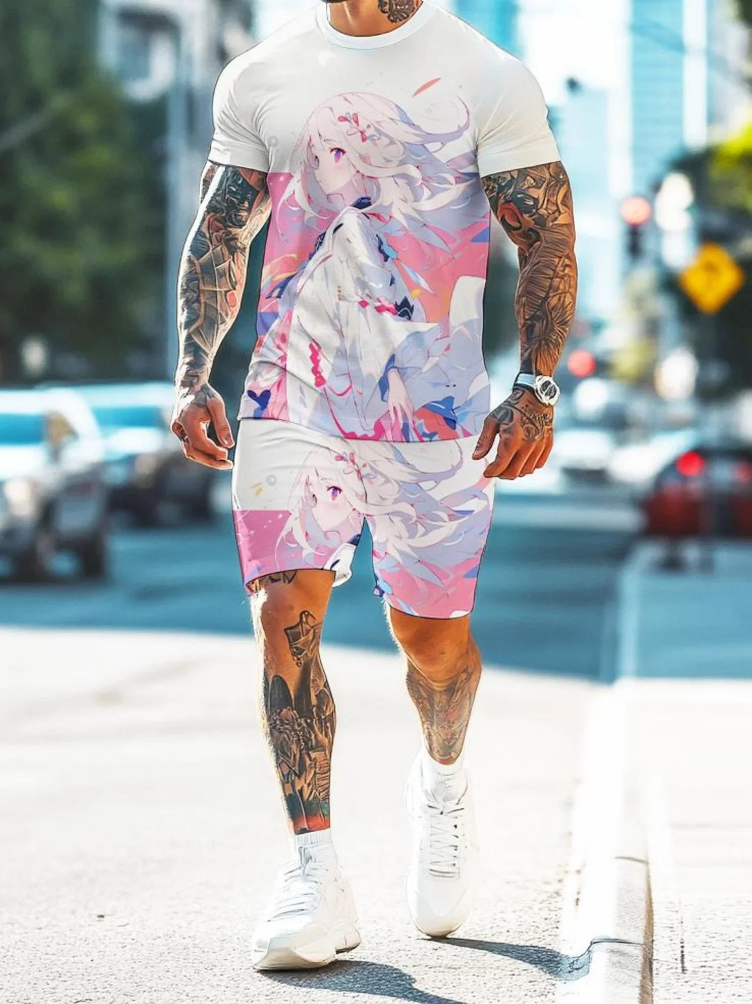 Muscular man walking outdoors wearing white anime print t-shirt and shorts with purple sneakers