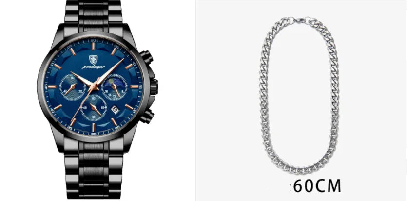 Men's black stainless steel chronograph watch with blue dial and silver 60cm chain necklace