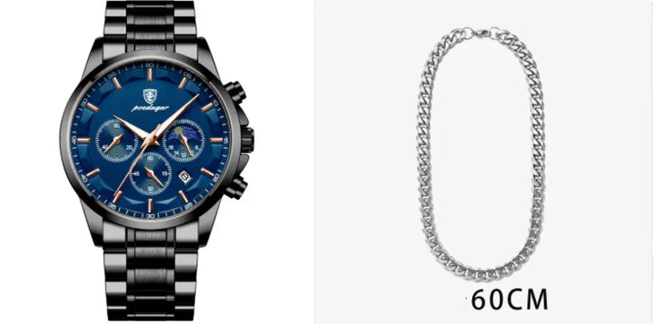 Men's black stainless steel chronograph watch with blue dial and silver 60cm chain necklace