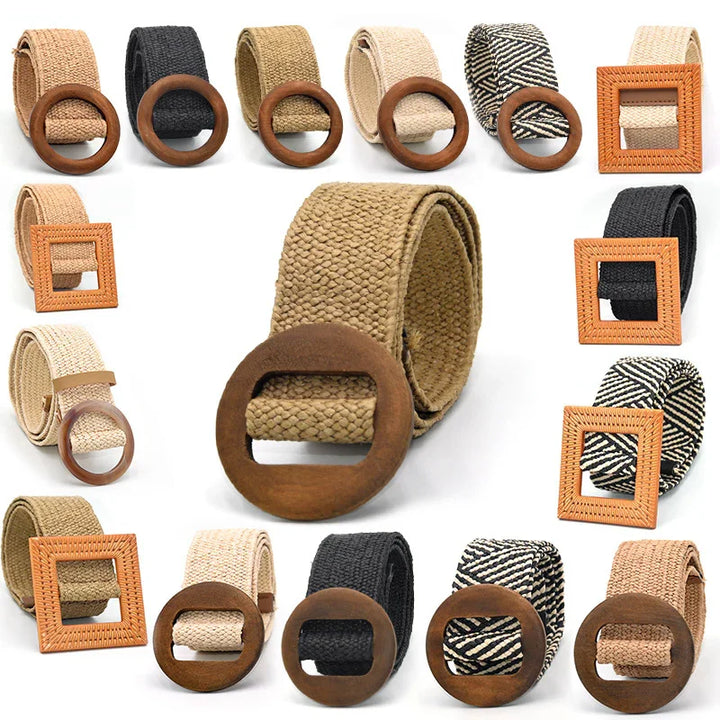 Collection of woven fabric belts in natural, black, and striped patterns with wooden round and square buckles