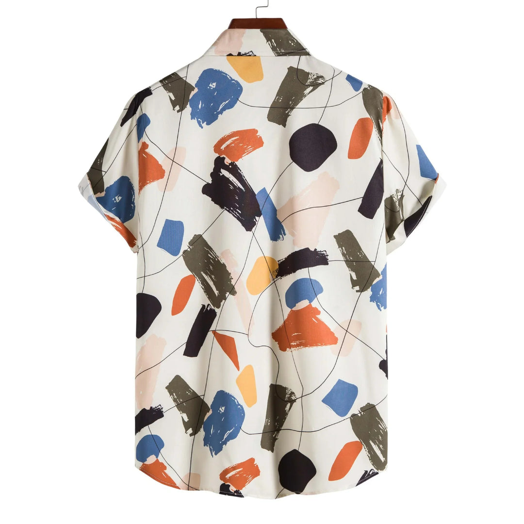 Short sleeve button-up shirt with abstract colorful brushstroke print on white background