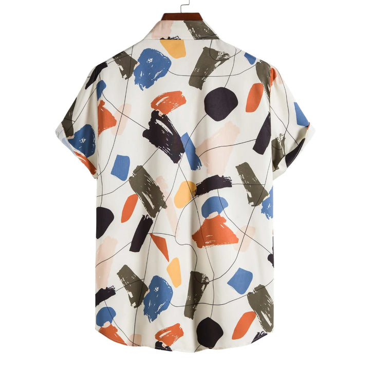 Short sleeve button-up shirt with abstract colorful brushstroke print on white background