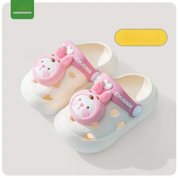 White kids' clog sandals with pink bunny face and adjustable straps, breathable holes, cute design