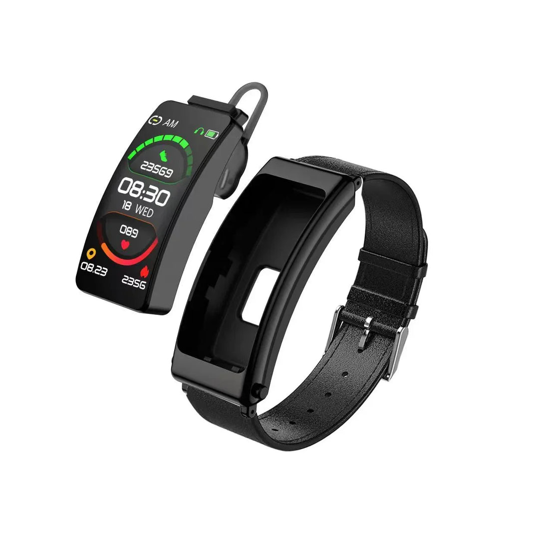 Black fitness tracker watch with removable screen showing time, steps, heart rate, and calories