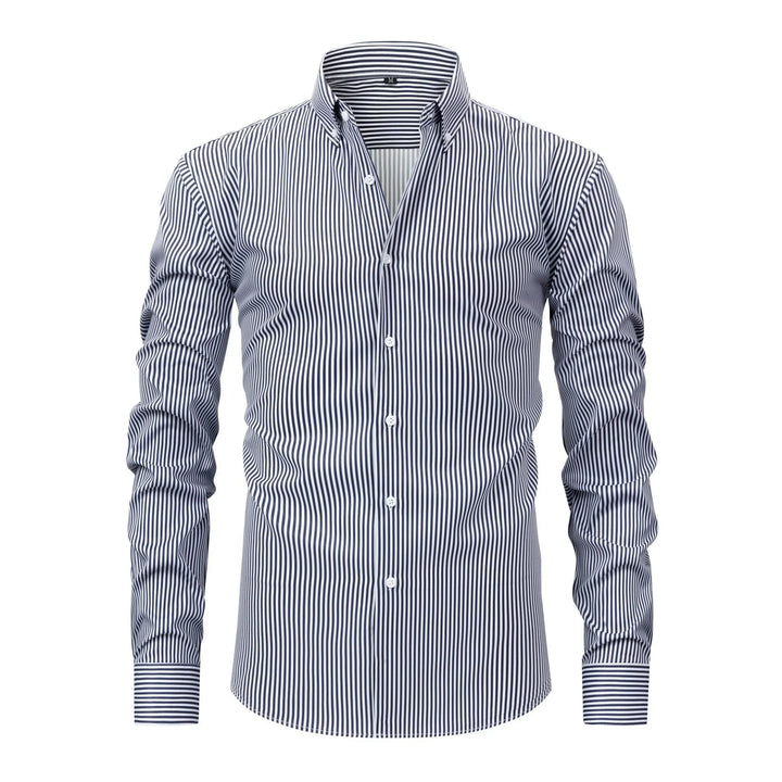Men's slim fit navy and white vertical striped dress shirt with buttoned collar and cuffs