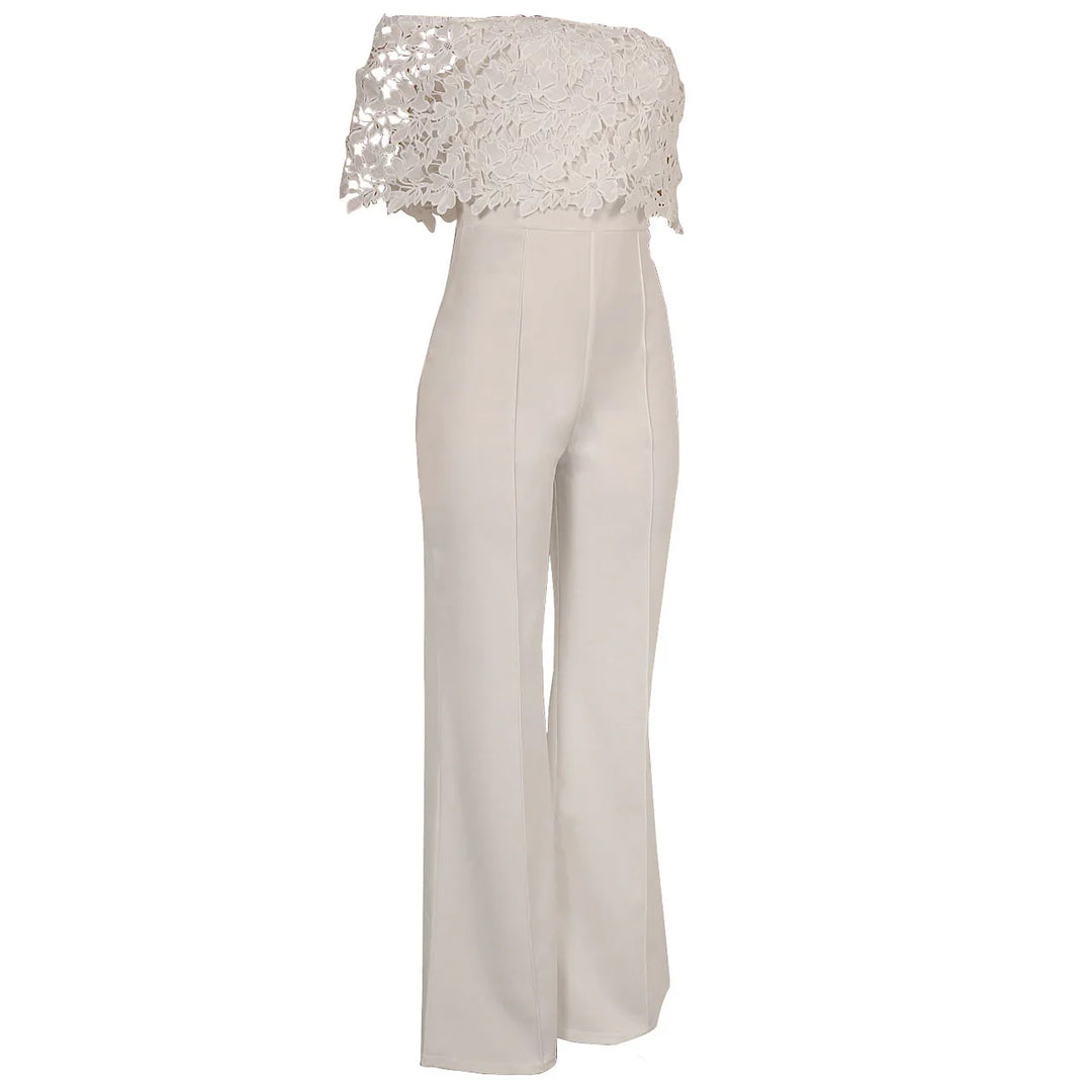 Elegant white strapless jumpsuit with floral lace overlay top and wide-leg pants