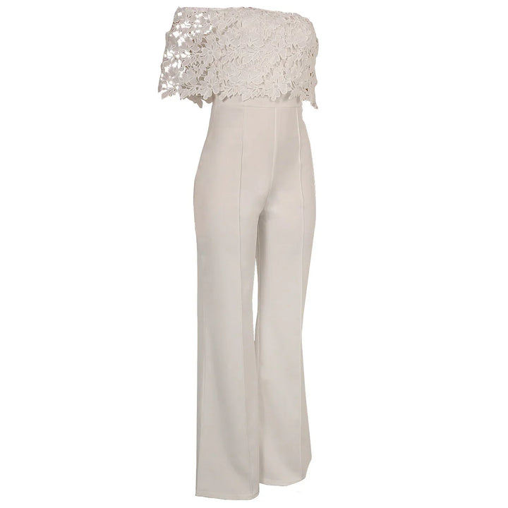 Elegant white strapless jumpsuit with floral lace overlay top and wide-leg pants