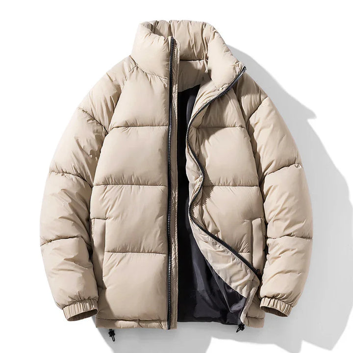 Beige puffer jacket with quilted design, standing collar, and black inner lining on white background
