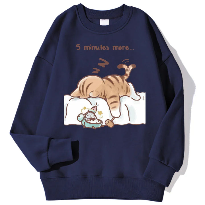 Navy sweatshirt with cute sleeping cat illustration and text '5 minutes more...' cozy casualwear