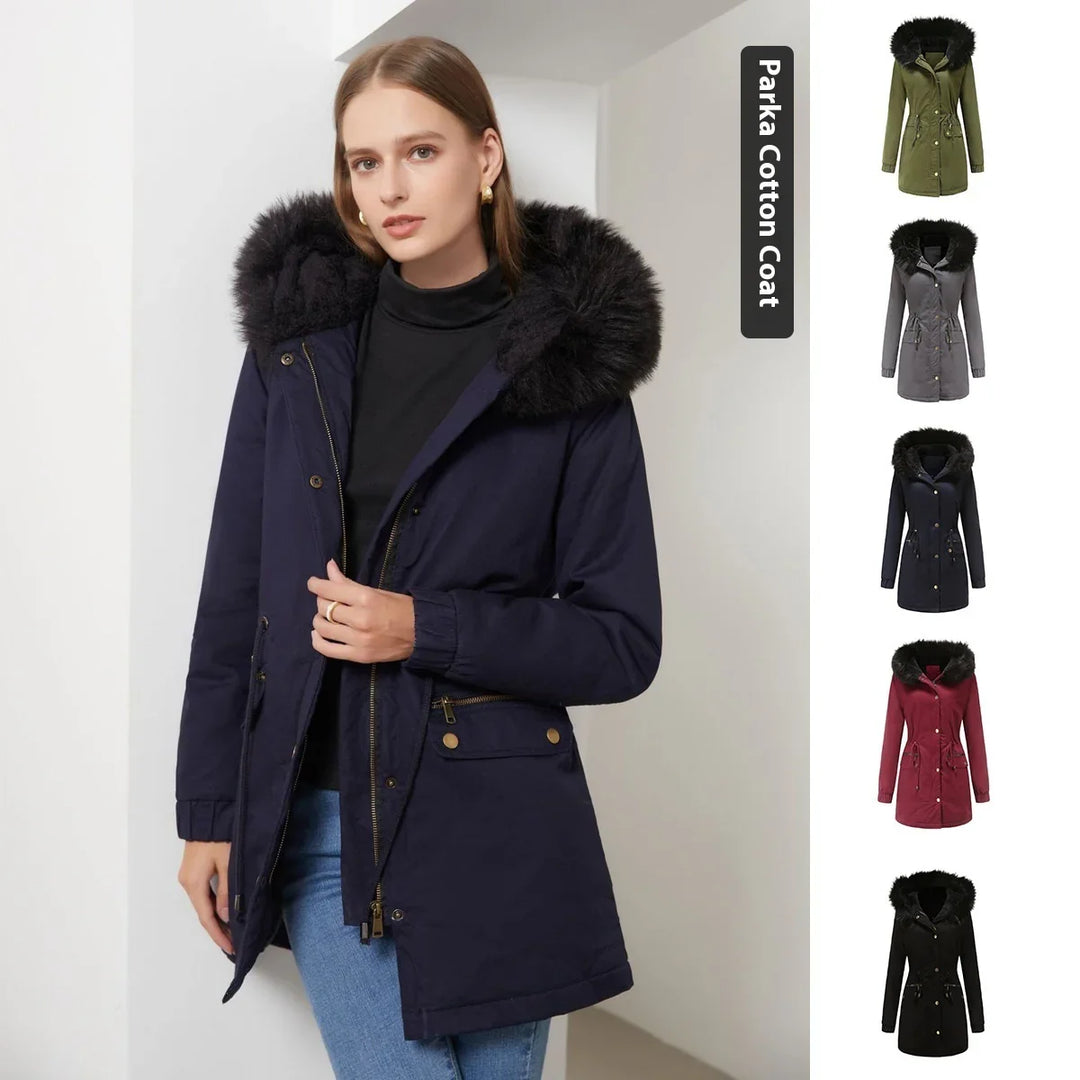 Woman wearing navy blue parka cotton coat with black fur hood and gold hardware, shown with other color options