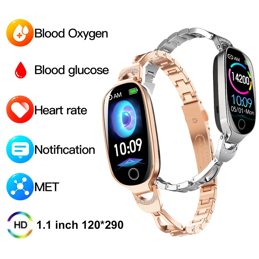 Smartwatches with metal bands displaying blood oxygen, blood glucose, heart rate, and notification tracking features