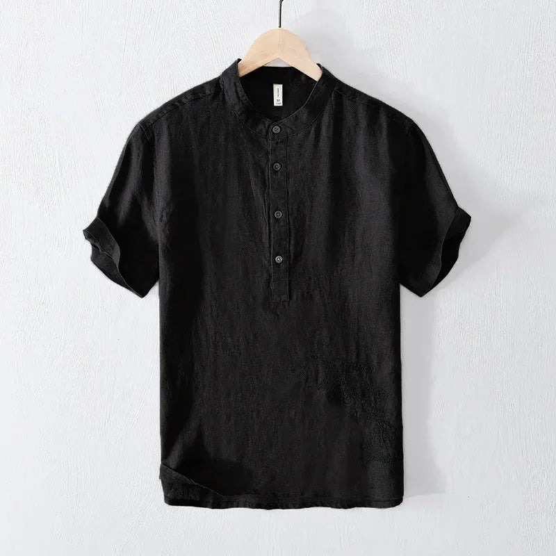 Black short-sleeve Mandarin collar shirt with button placket on wooden hanger
