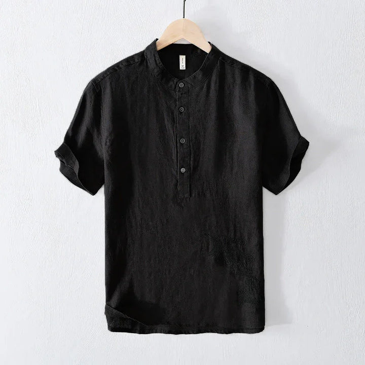 Black short-sleeve Mandarin collar shirt with button placket on wooden hanger