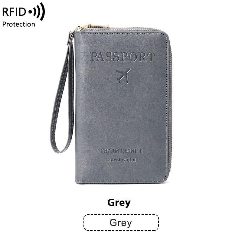 Grey RFID protection travel wallet with wrist strap, embossed passport design and airplane icon