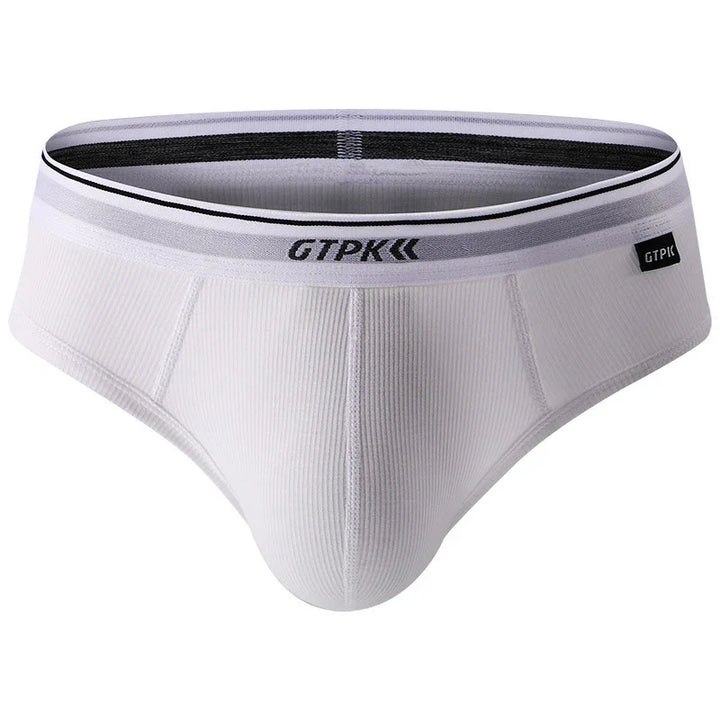 White ribbed men's briefs with GTPK branded elastic waistband and black trim detail