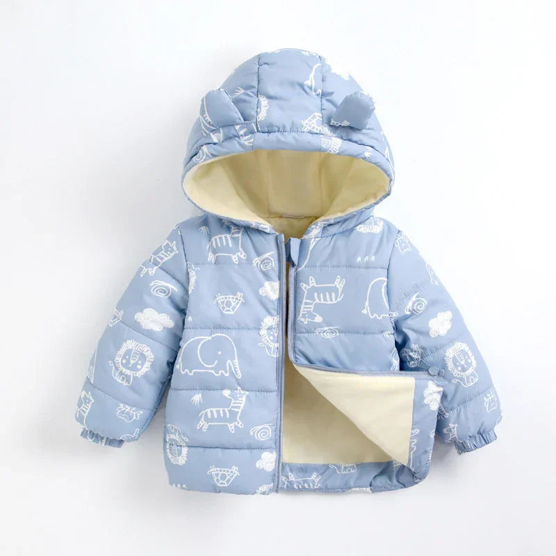 Blue baby puffer jacket with hood and animal prints, soft beige inside lining, and front zipper